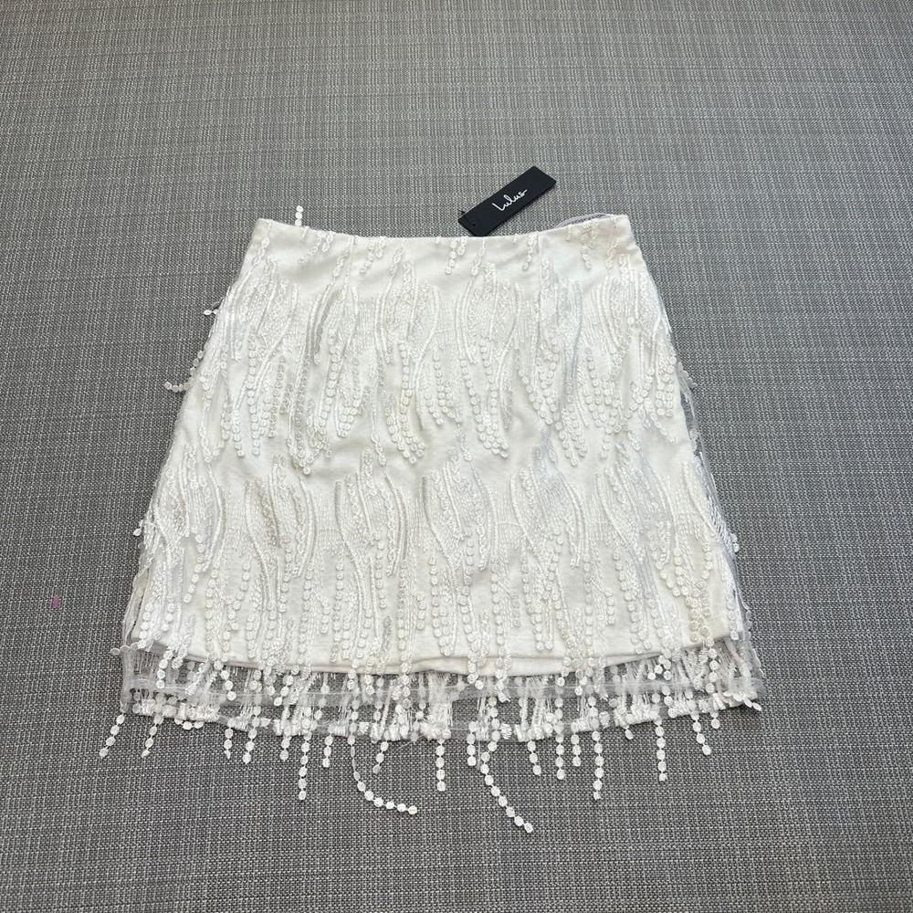 New Lulus Lace Fringe Mini Skirt Medium Fairycore‎ White Indie Festival Party